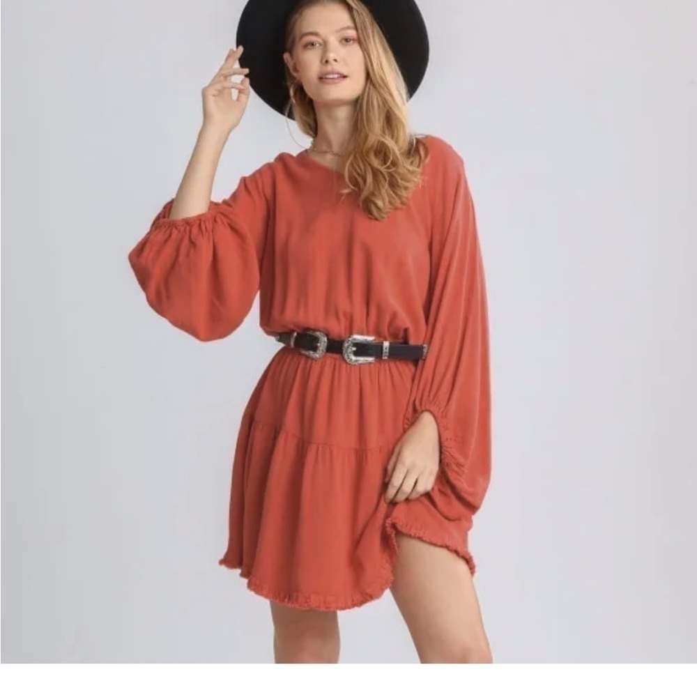 Umgee Brick‎ Linen Long Puff Sleeve Cinched Waist Ruffle Hem Dress Small Rust